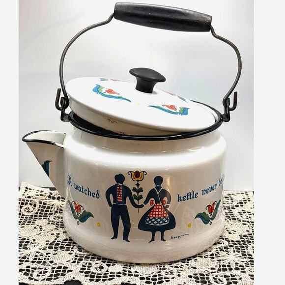 Vintage MCM Berggren Enamelware Teapot Folk Art ‘A Watched Kettle Never Boils’ - Picture 1 of 10